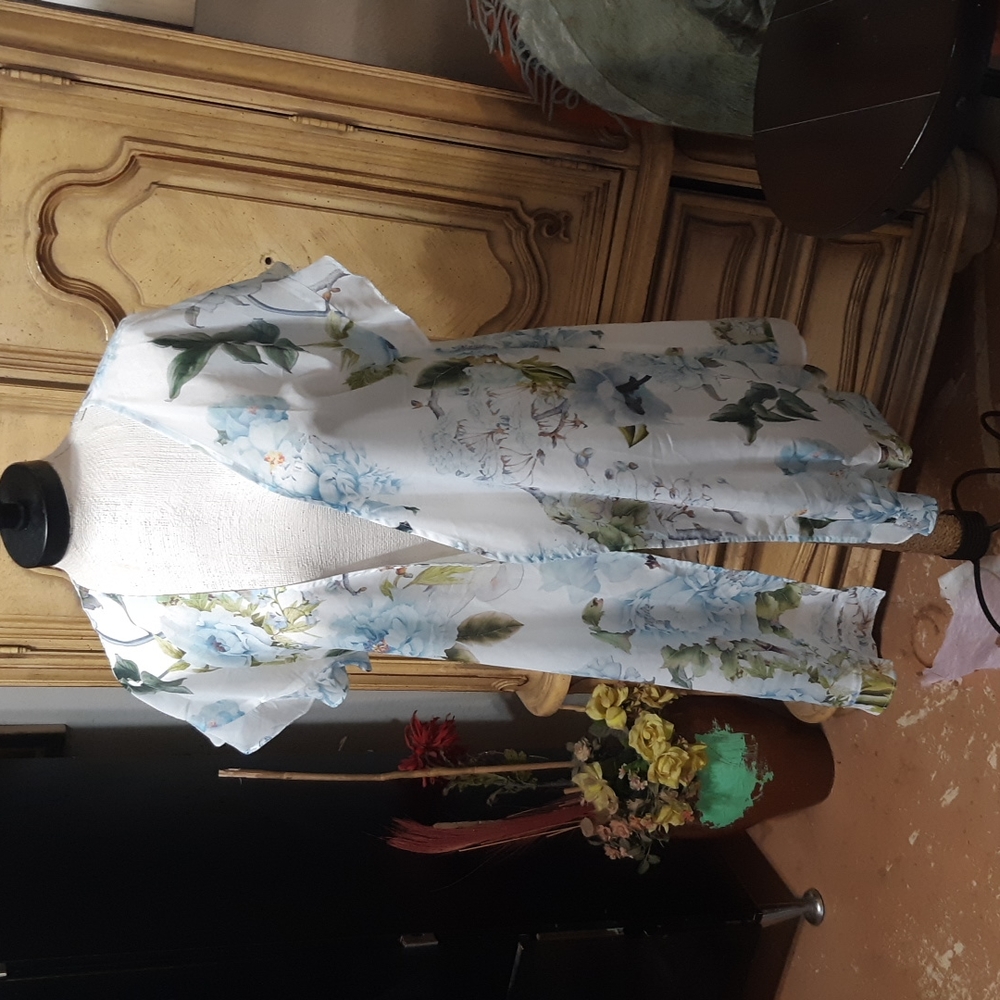 Womens Sheer Open front Robe  Cover up Spring Summer HOMEBODII Blue Flower print